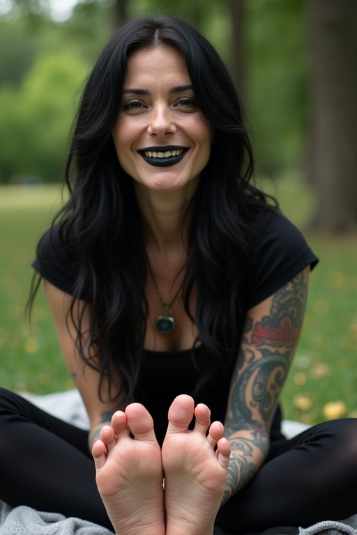 Mature goth woman has long black hair and black lips. She shows tattooed soles of her bare feet. Sitting on a blanket outdoors. She's smiling.