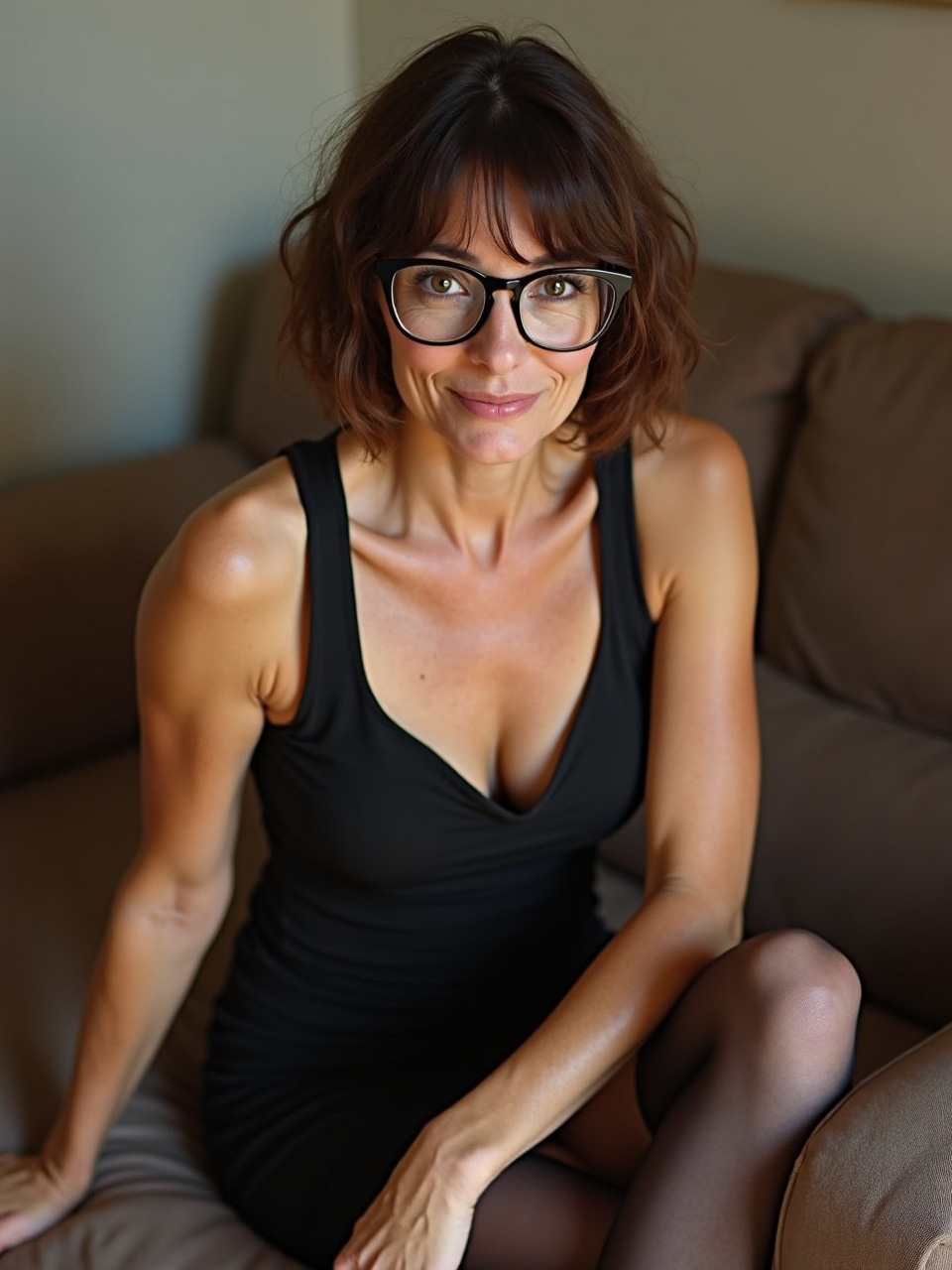 The image portrays a woman with short brown hair and glasses, sitting on a brown sofa. She is wearing a black dress and black stockings, giving an air of elegance and confidence. The natural lighting highlights her serene expression and relaxed posture.