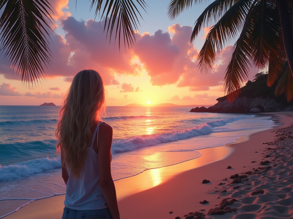 A serene scene captures a tranquil beach at sunset, with a young woman gazing at the vibrant sky over the ocean. The sun casts warm hues of orange, pink, and purple across the water, while palm leaves frame the view, adding a tropical essence.