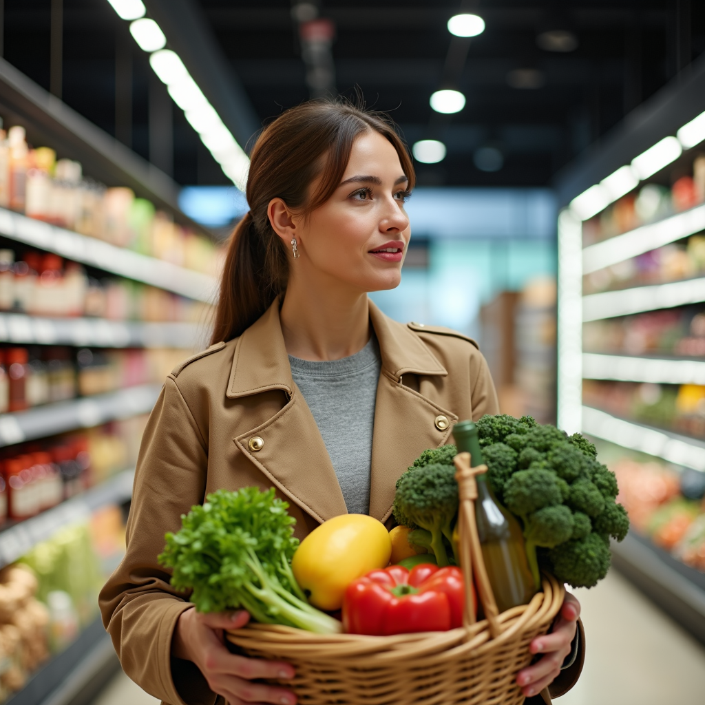 A woman carries a basket of vegetables in a supermarket aisle.