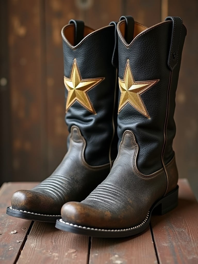 Close-up of old motorcycle boots featuring a gold star design. The boots are black leather with a worn texture. Highlight the star's golden color. The background is rustic wooden, enhancing the vintage look.