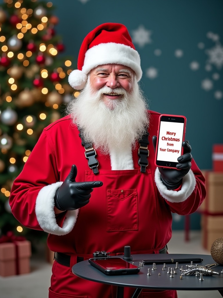 Santa Claus dressed as a mobile repair technician. Santa in red overalls and a Santa hat. Santa holding a red smartphone with a greeting. Tools like screwdrivers and screws visible. Background featuring a decorated Christmas tree and festive elements. Warm and cheerful holiday vibe promoting mobile repair services.