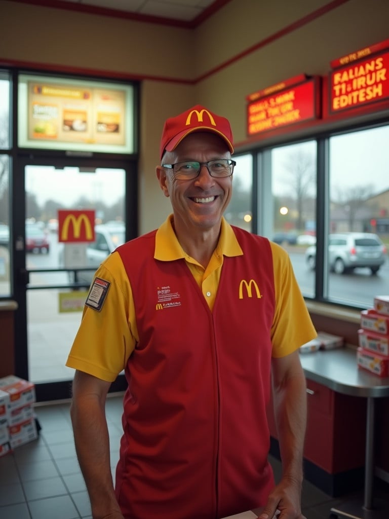 Employee wearing a red and yellow McDonald's uniform stands happily. Bright interior with large windows showing a drive-thru area.