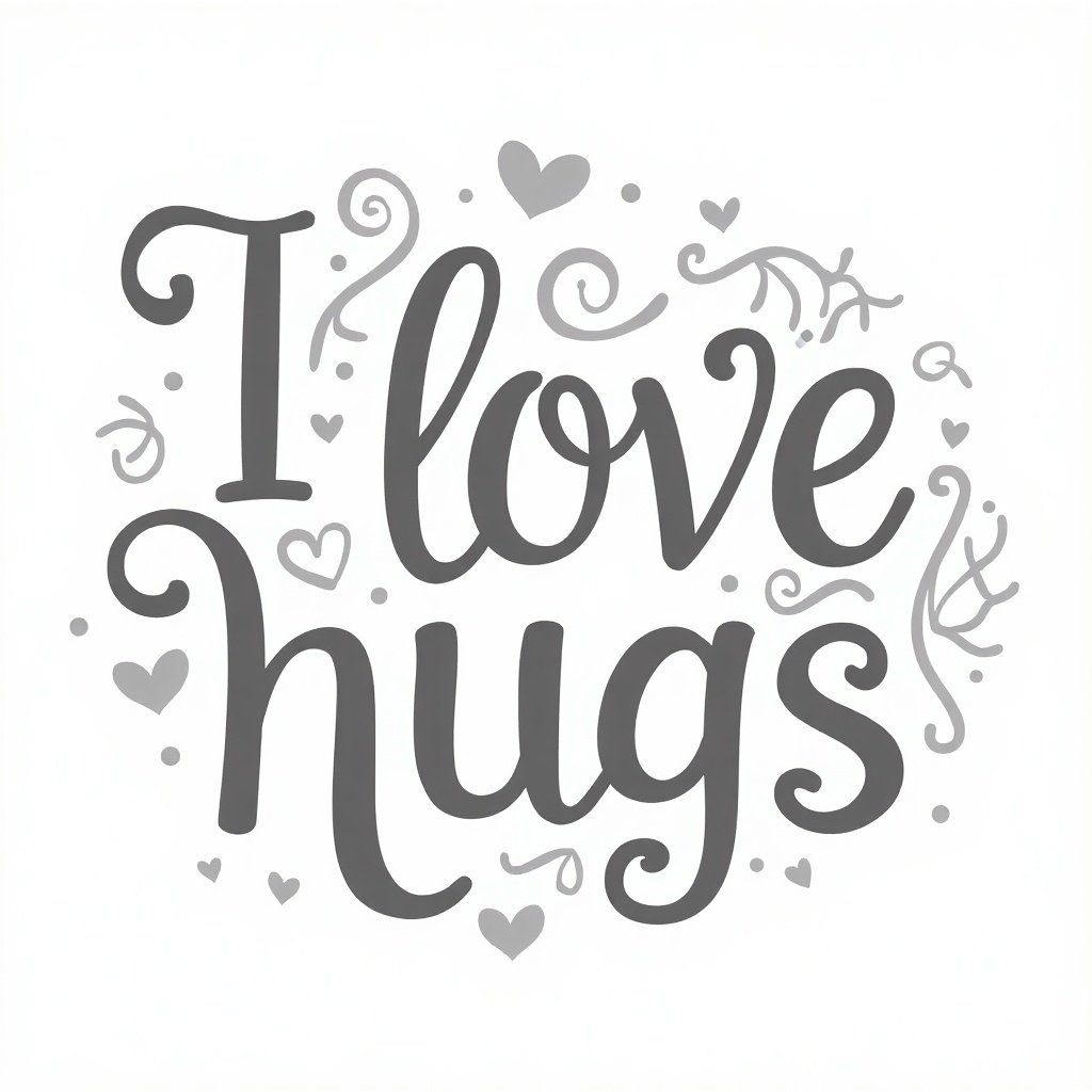 The image features the phrase 'I love hugs' designed in a decorative font. Swirls and flourishes are included around the text. Soft grey color is used with white elements. Background is transparent. The design expresses creativity and artistry.