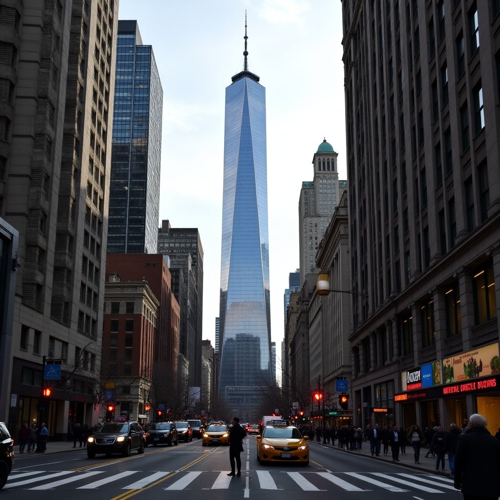 A busy street scene in New York City. Features One World Trade Center. Surrounded by skyscrapers. Pedestrians walking. Modern urban environment.