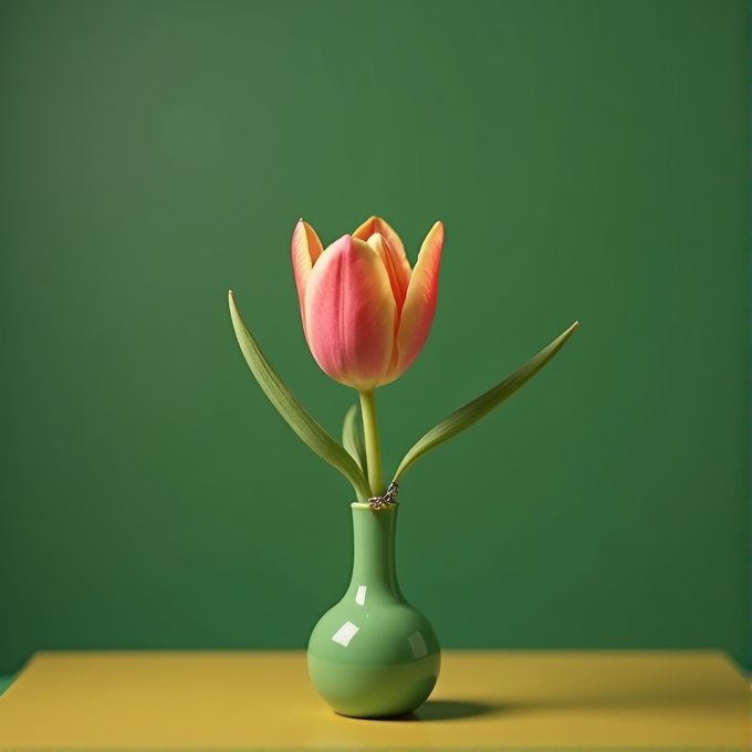 A single orange and yellow tulip stands in a small green vase against a green background.