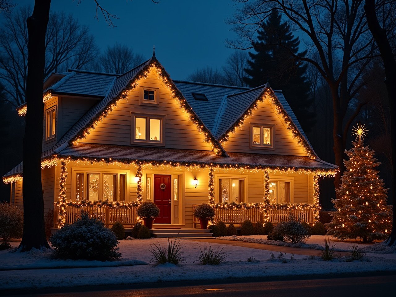 A cozy home glowing with Christmas lights. The house is illuminated with warm lights. A Christmas tree is in the yard. Snow covers the ground, creating a winter scene. Trees line the property.