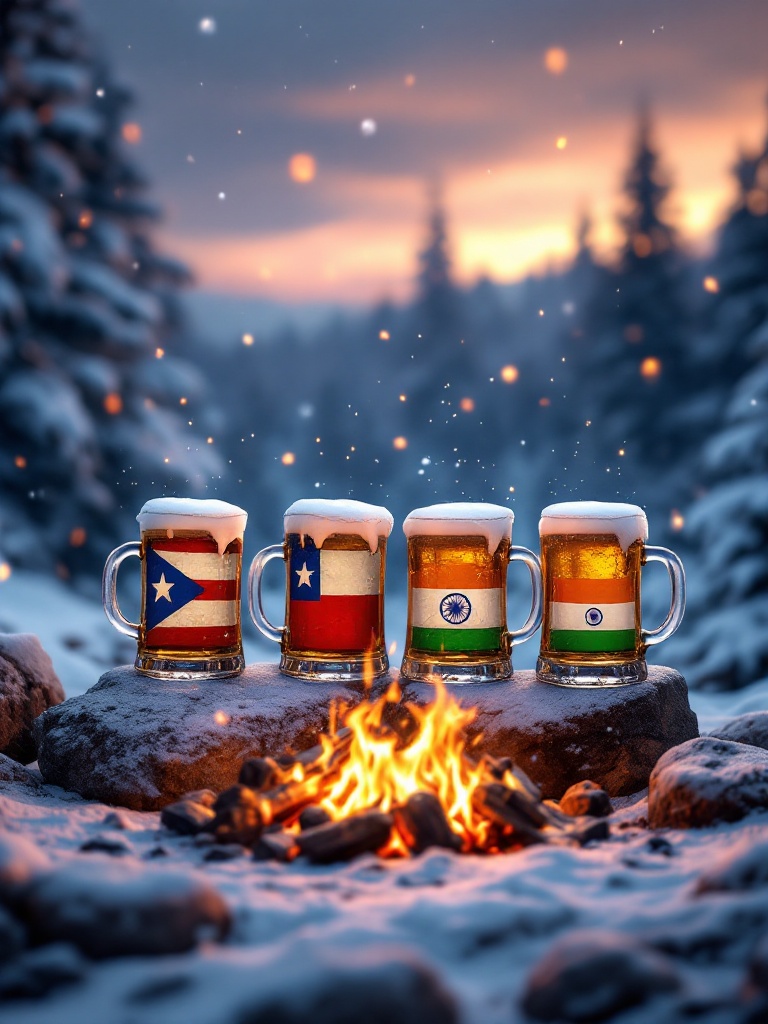 Generate an image featuring four cool pints of beer with distinct flags in front of a lively fire. The first pint has the Puerto Rico flag; the second has the Chile flag; the third and fourth pints boast the Indian flag. A serene winter landscape with softly falling snow surrounds the scene.