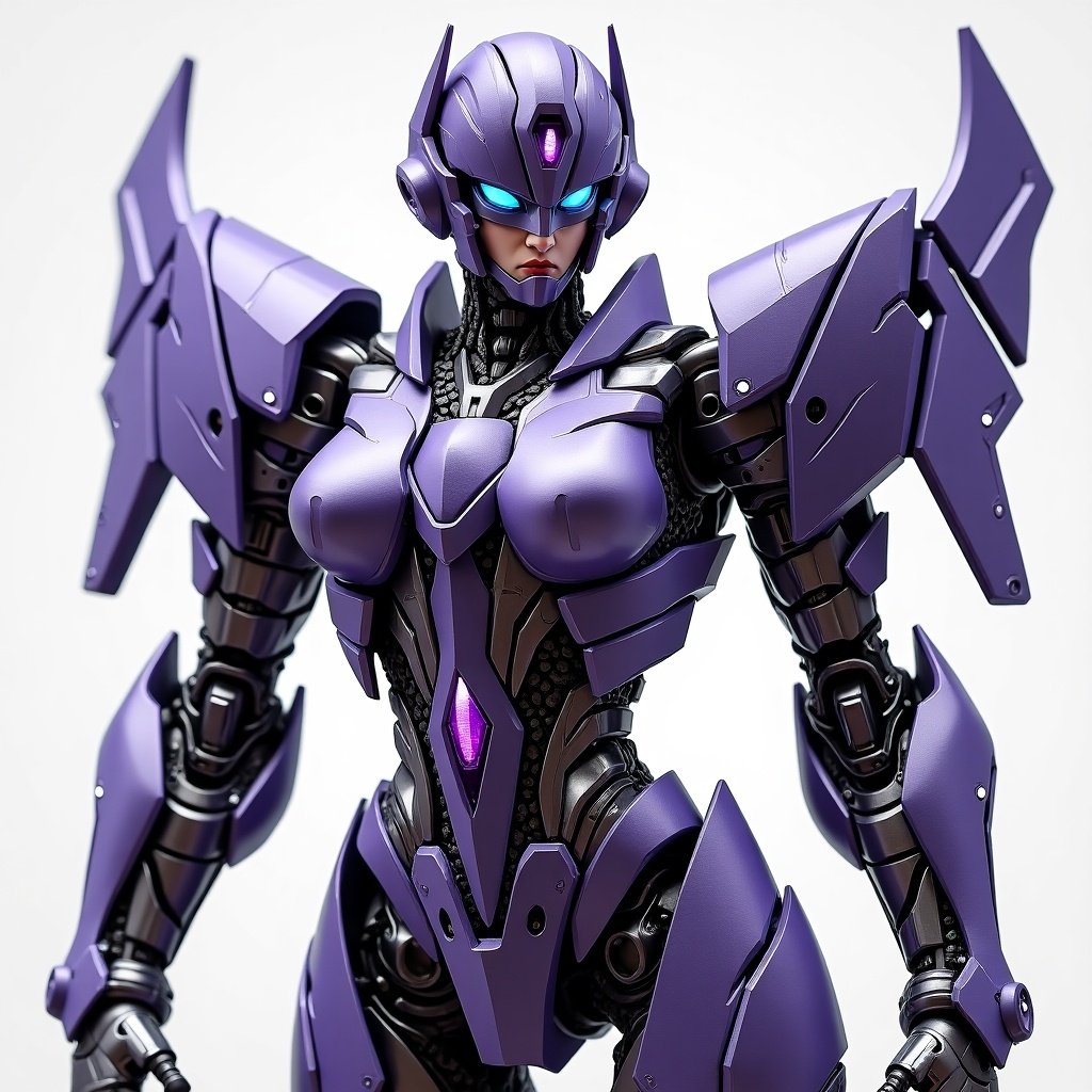 A feminine Decepticon character named Violet. Body design combines metallic silver and dark purple colors. Human-like form includes arms legs and torso. Features an hourglass figure with a large bust slim waist and wide hips. Helmet-like head structure with visible intense expression. Prominent eyes and sculpted facial features. Metallic body structure with visible rivets and joints. Bright metallic accents around waist and shoulders. Displays a Decepticons light-purple mark on chest.