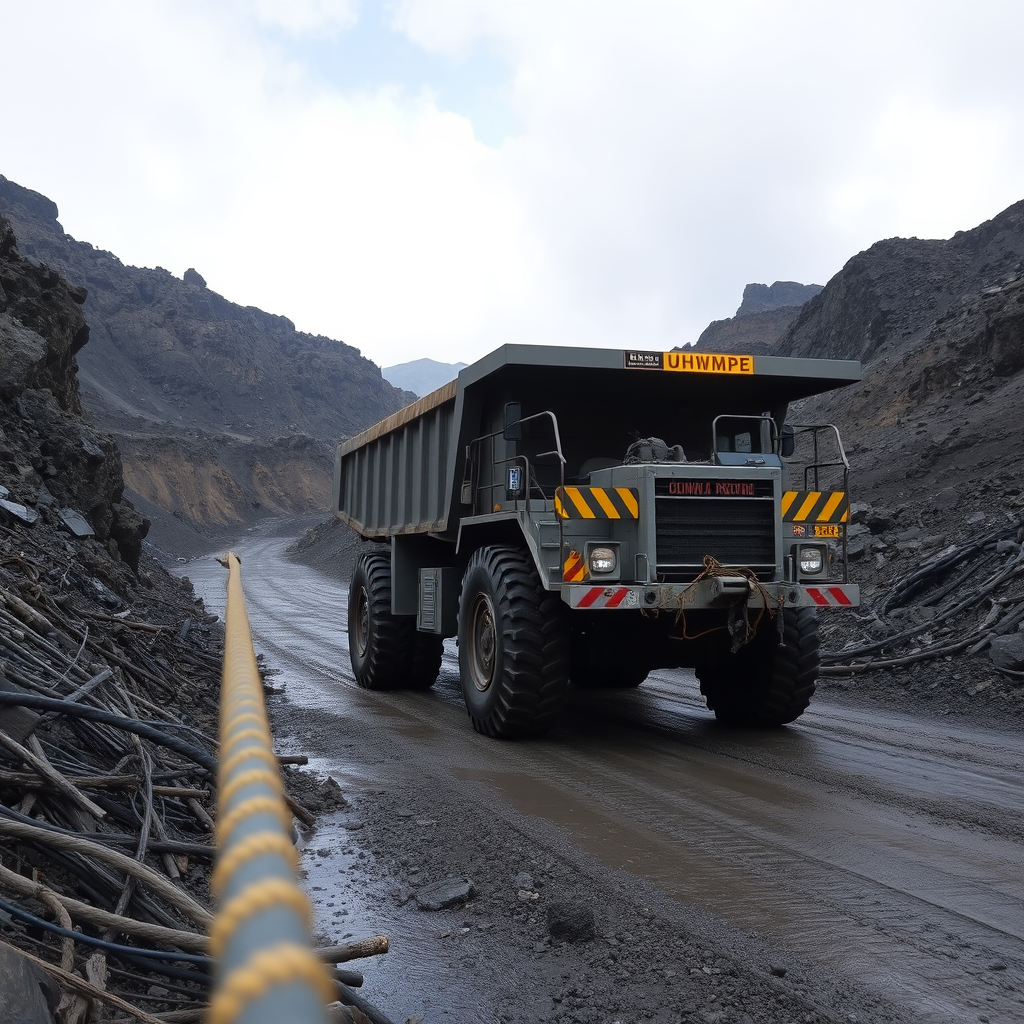 A massive mining dump truck navigates a rugged, dirt road through a rocky quarry landscape.