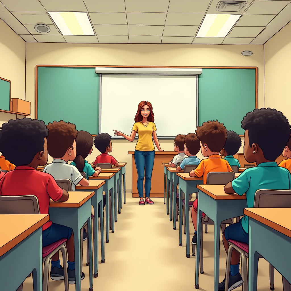 A teacher is standing at the front of a classroom, teaching a group of attentive students.