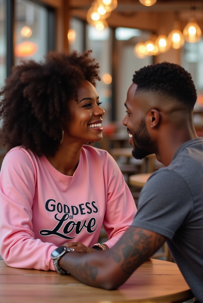 A couple gazes at each other lovingly in a warmly lit café.