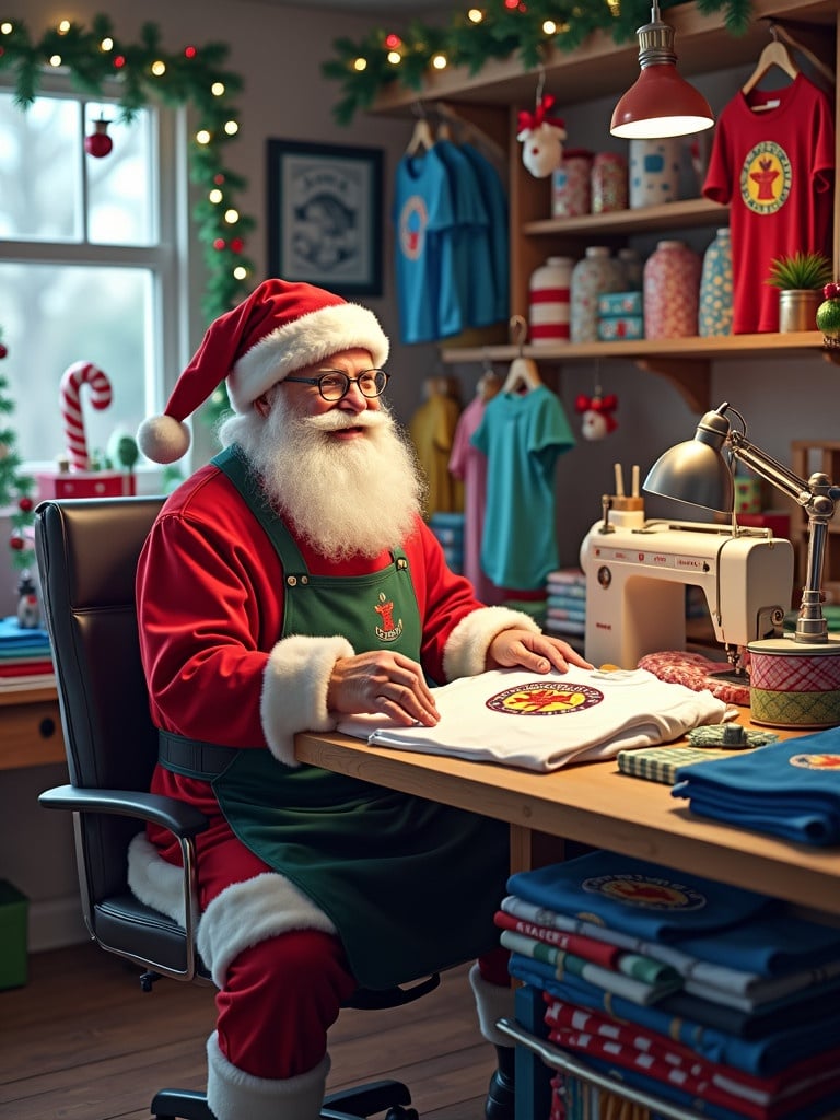 Santa Claus is in his North Pole workshop. He designs a trendy t-shirt with a logo. Santa wears a modern apron over his red suit. Colorful fabrics and sewing machines surround him. Elves help fold and pack shirts. The workshop has festive lights and decorations. The scene feels joyful and creative.