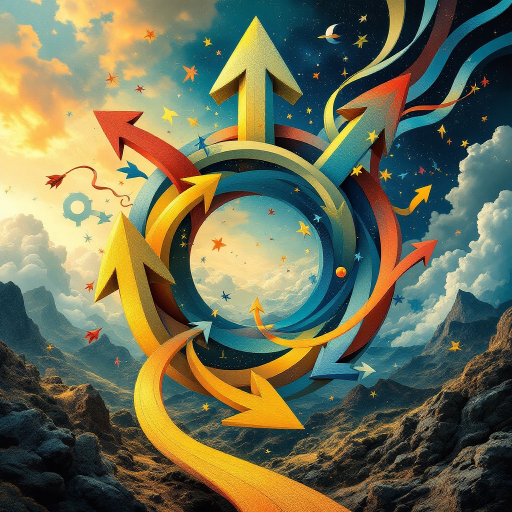 Surreal design shows arrows forming channels. Arrows symbolize career paths. Dynamic elements express global connections. Bold colors create an eye-catching appearance. Abstract style captures the essence of companionship.