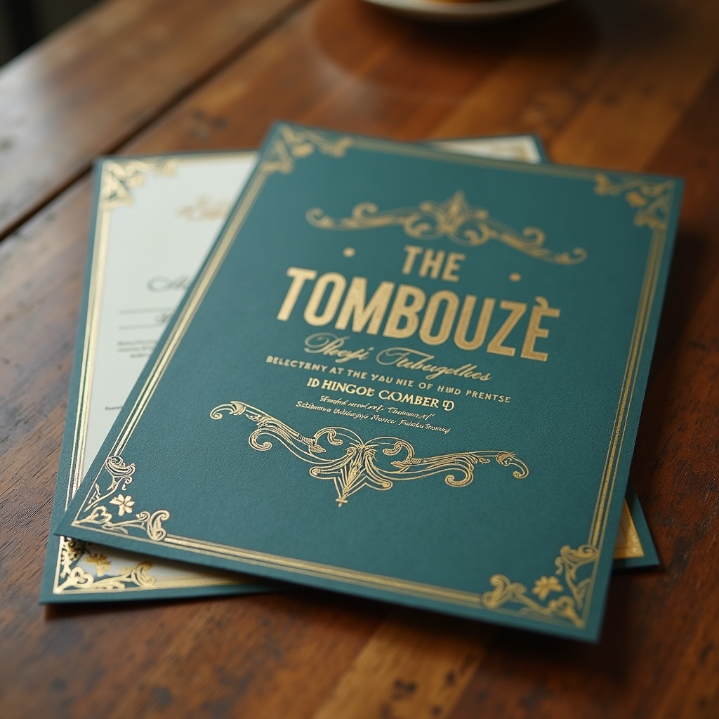 Vintage-style invitation card. Gold letters read 'TOMBOUZE'. Teal background. Card placed on wooden table.