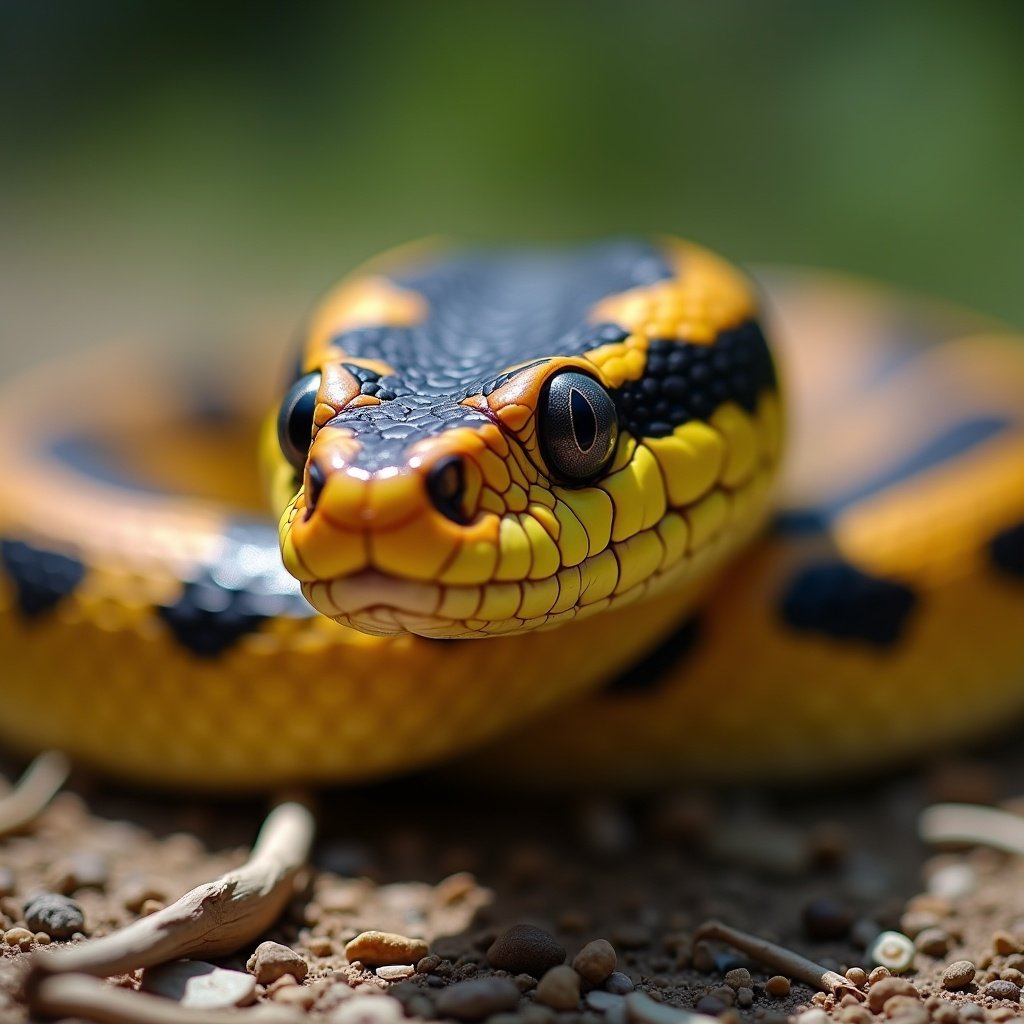 Highly realistic close-up of a snake. Focus on intricate scales and vivid colors. Features beautifully patterned skin in shades of yellow, black, and orange. Large, expressive eyes as focal point. Body slithering across ground, implying movement. Natural background enhancing wild appearance.