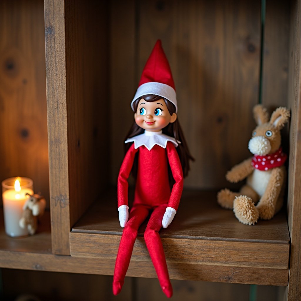 Brown girl elf doll dressed in red sits on a wooden shelf. A lit candle and a small stuffed bunny are nearby. Perfect holiday decoration for Christmas.