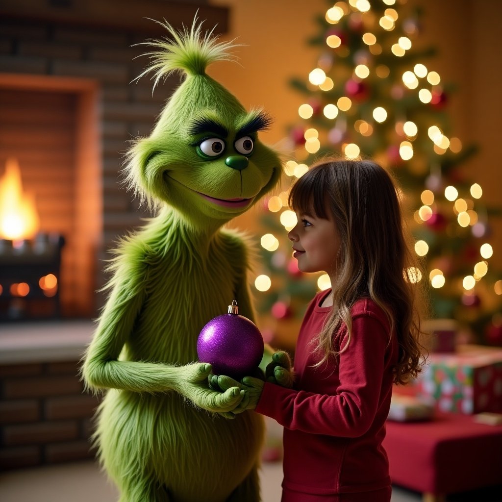 Grinch holding a purple ornament in a cozy indoor living room with a Christmas tree in the background.