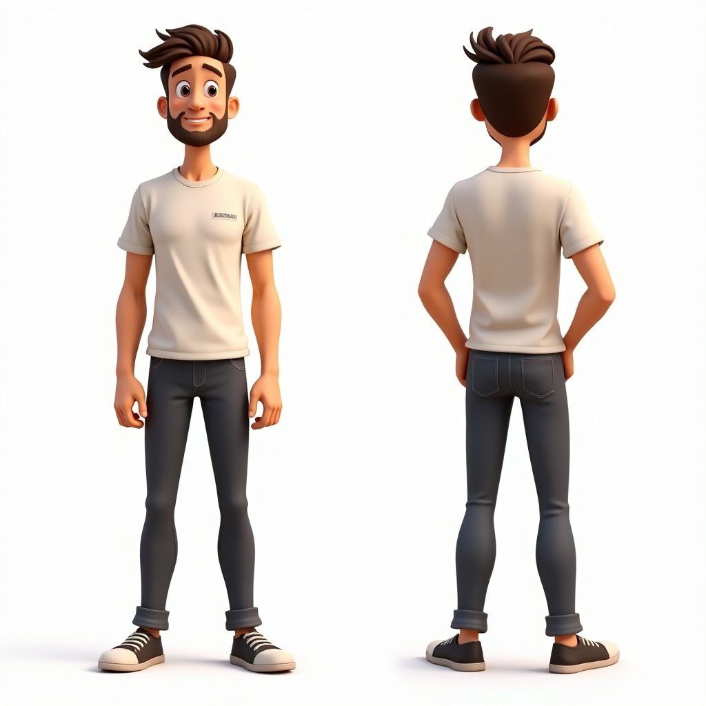 Male cartoon character in T-pose captured from front and side views. Character wearing a light-colored t-shirt and skinny jeans. Sleek hairstyle, standing upright to showcase design details.