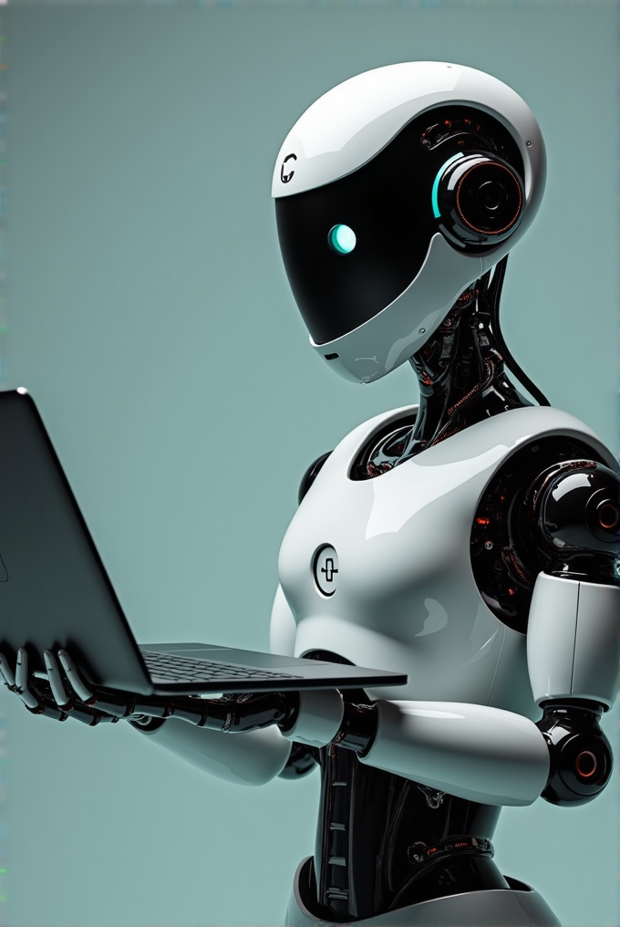 A humanoid robot is holding a laptop, engaged in computing tasks.