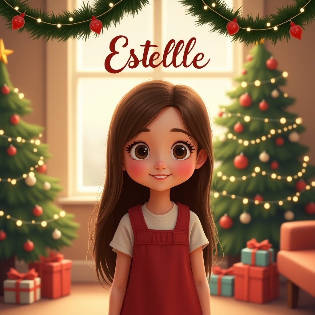 Cartoon girl with straight brown hair in a Christmas scene. Two decorated Christmas trees in the background. 'Estelle' written at the top. Cozy indoor setting with gifts.