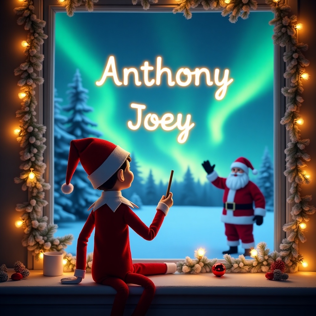 The scene depicts a charming Christmas setting featuring an elf sitting by a window. The elf is turned away from the viewer, engaged in the magical act of writing names in glowing letters in the vibrant sky. The names 'Anthony', 'Joey', and 'Jenny' float beautifully above a snowy landscape. In the background, the colorful northern lights dance across the sky, adding to the enchantment. Santa Claus can be seen cheerfully waving in the distance, while cozy holiday decorations frame the window, inviting warmth and festive joy. The entire scene encapsulates the spirit of Christmas, making it a delightful sight for all.