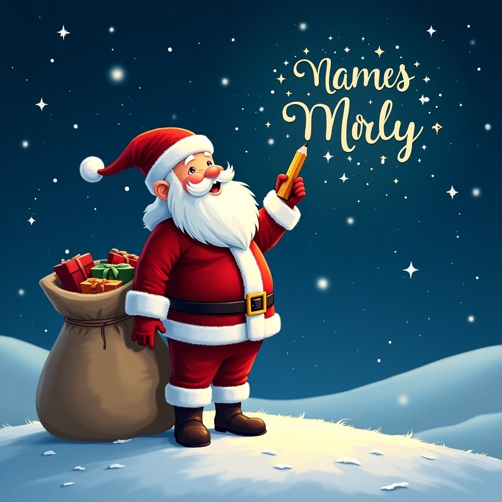 Santa Claus stands on a snowy hill under a starry night sky. Santa holds a pencil looking up while writing in the sky. Dressed in red and white with a large sack of gifts.