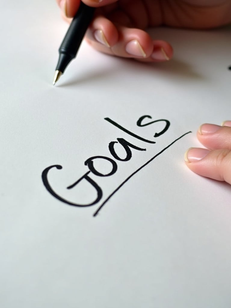 Hand writing Goals on paper with a pen. Focus on the word Goals. Close-up shot.