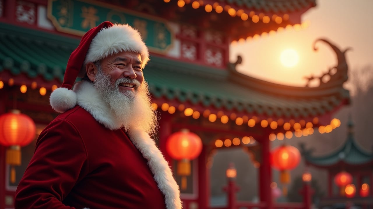 Cinematic image with Santa Claus standing before a traditional Chinese temple. It's during the magic hour with warm light. Santa smiles at the camera. Hyperrealistic portrayal with cinematic quality.