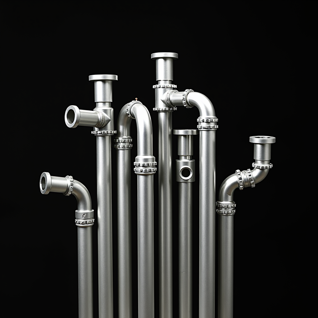 A collection of stainless steel pipes and connectors arranged artistically against a black background.