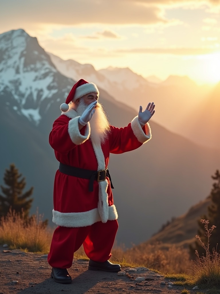 Cinematic image shows Santa Claus doing Tai Chi. Scenic misty mountains at twilight. Soft light and sunshine visible.