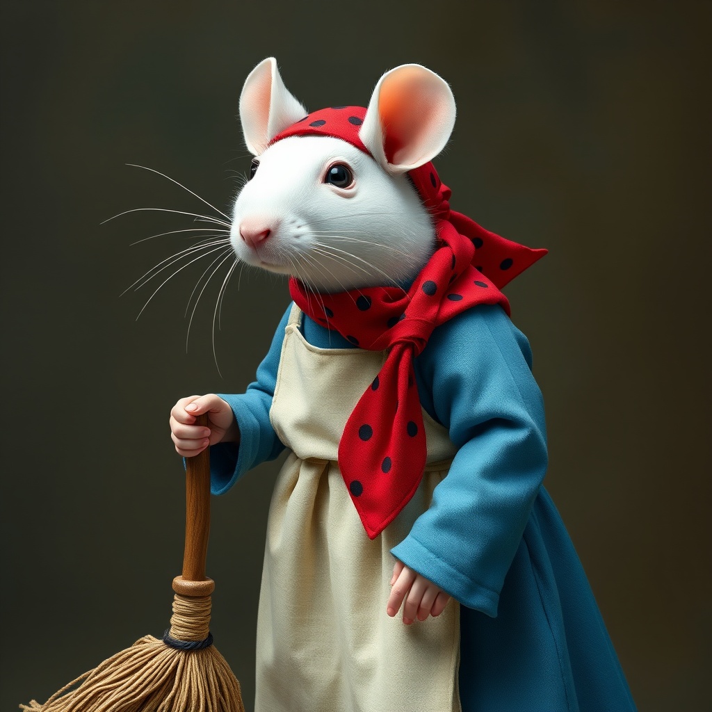 A cute mouse wearing a kerchief and apron, holding a broom, in an artistic style.