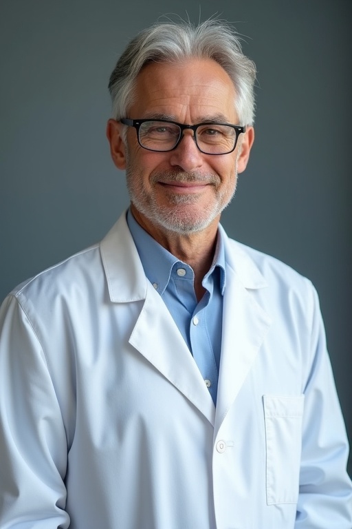 A professor wearing a white lab coat. The professor has grey hair. The professor is looking directly into the camera. The background is soft and neutral.