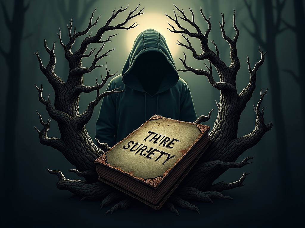 The image features a dark and mysterious logo. There are twisted tree branches that encircle an intriguing old diary. The diary displays ominous markings with the words 'THIRE SURETY'. A shadowy figure in a hooded cloak looms in the background, shrouded in shadows. The lighting creates a mystical ambiance, highlighting the eerie nature of the scene while adding depth and intrigue.