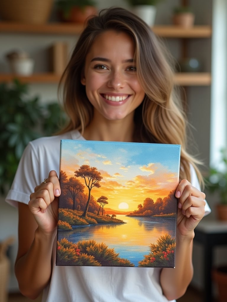 Person holds a vibrant landscape painting. Warm colors adorn the canvas. The painting features a sunset across a river. A joyful expression is visible. Arm and hand prominently displayed holding the artwork.