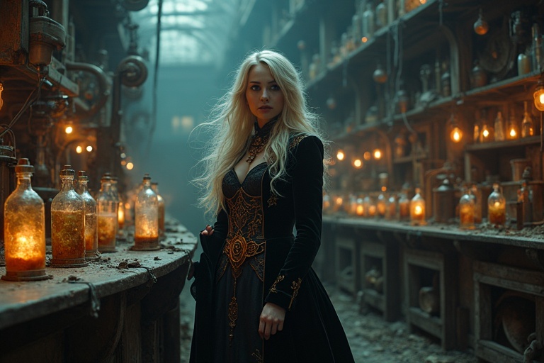 A ruined Victorian laboratory at midnight. A brooding steampunk necromancer conducts forbidden experiments. Long ash-blonde hair swept by an eerie wind. Worn intricately detailed velvet coat adorned with copper filigree. Glowing vials and floating mechanical orbs illuminate a dark space. Shadows of peculiar half-formed automatons linger in every corner. Atmosphere feels melancholic and dangerous.