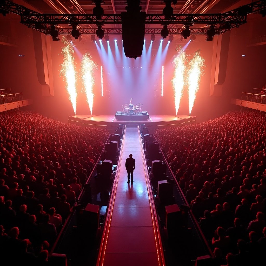 Drone view of a concert in Madison Square Garden. Stage features a T-shaped runway. Bright lights and fireworks enhance the atmosphere. Large audience faces the stage.