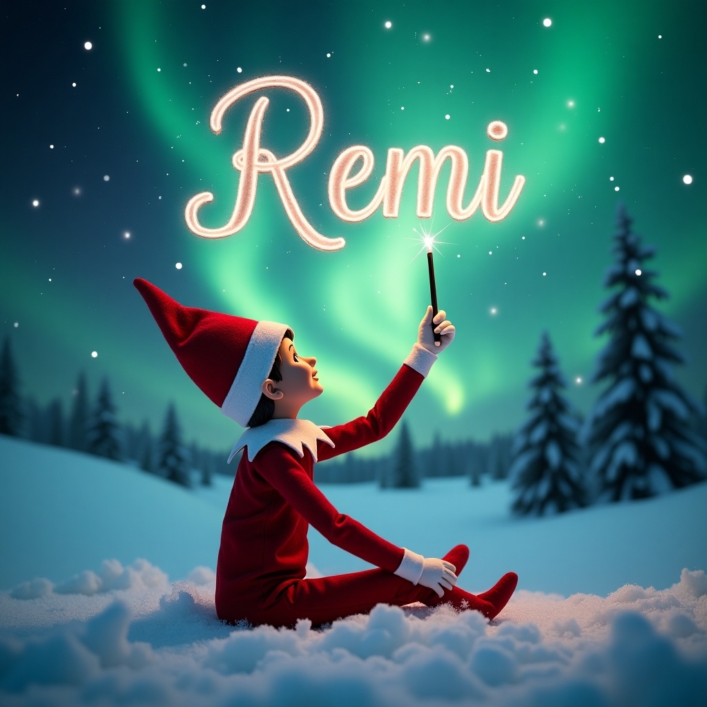 An elf is sitting on a snowy ground. He looks up at the sky. He uses a magic wand. Letters are formed saying 'Remi'. The northern lights illuminate the scene. The elf wears a red outfit. The background has trees and snow. The image conveys Christmas magic and wonder.