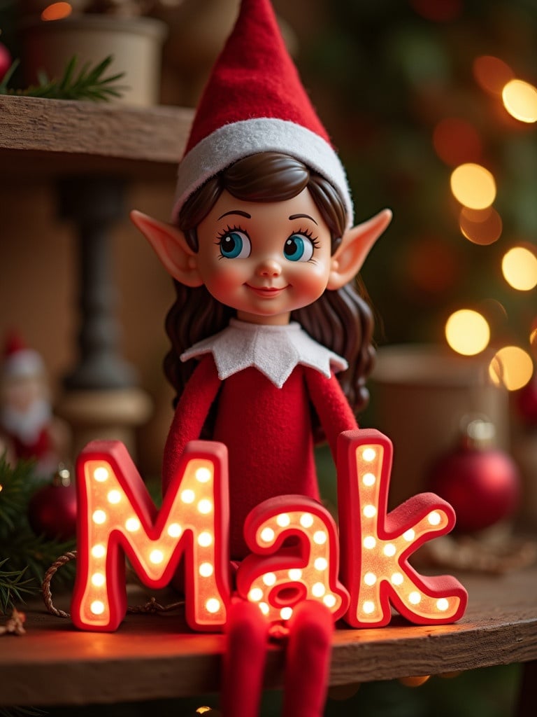 An elf doll in a Christmas setting holds glowy letters that say 'Mak'. Background features Christmas decorations. Warm festive lighting enhances the cheerful atmosphere. Cute elf outfit with red and white colors.