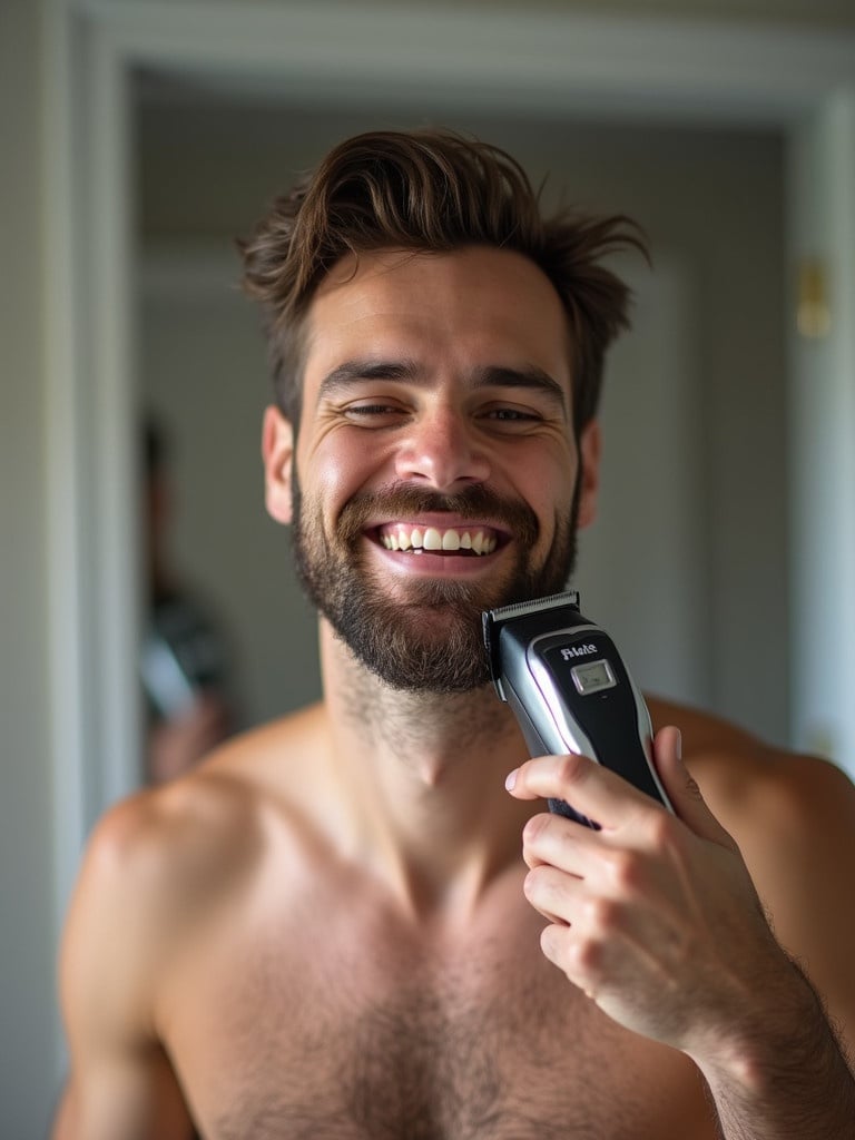 A man smiles while trimming his beard with an electric clipper in front of a mirror.