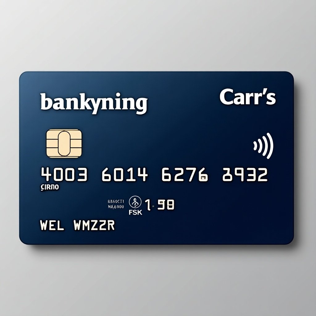 This image features a modern credit card design with a dark blue background. The bank name on the card is 'Carr's Banking'. The card includes standard details such as the card number, expiration date, and a chip, all in white. A wireless payment symbol is present to indicate contactless payment capability. The overall design is sleek and professional, suitable for online banking or financial advertisements.