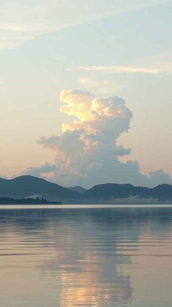 This image captures a serene landscape of a large, fluffy cumulus cloud illuminated by the soft hues of a setting or rising sun. The cloud towers over a peaceful lake with its reflection mirrored on the water's surface. In the background, silhouetted mountains add depth to the scene, creating a tranquil and harmonious composition.