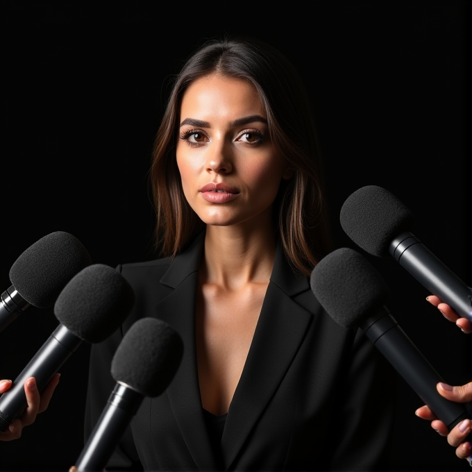 The image shows a person dressed in formal attire surrounded by microphones against a dark background.