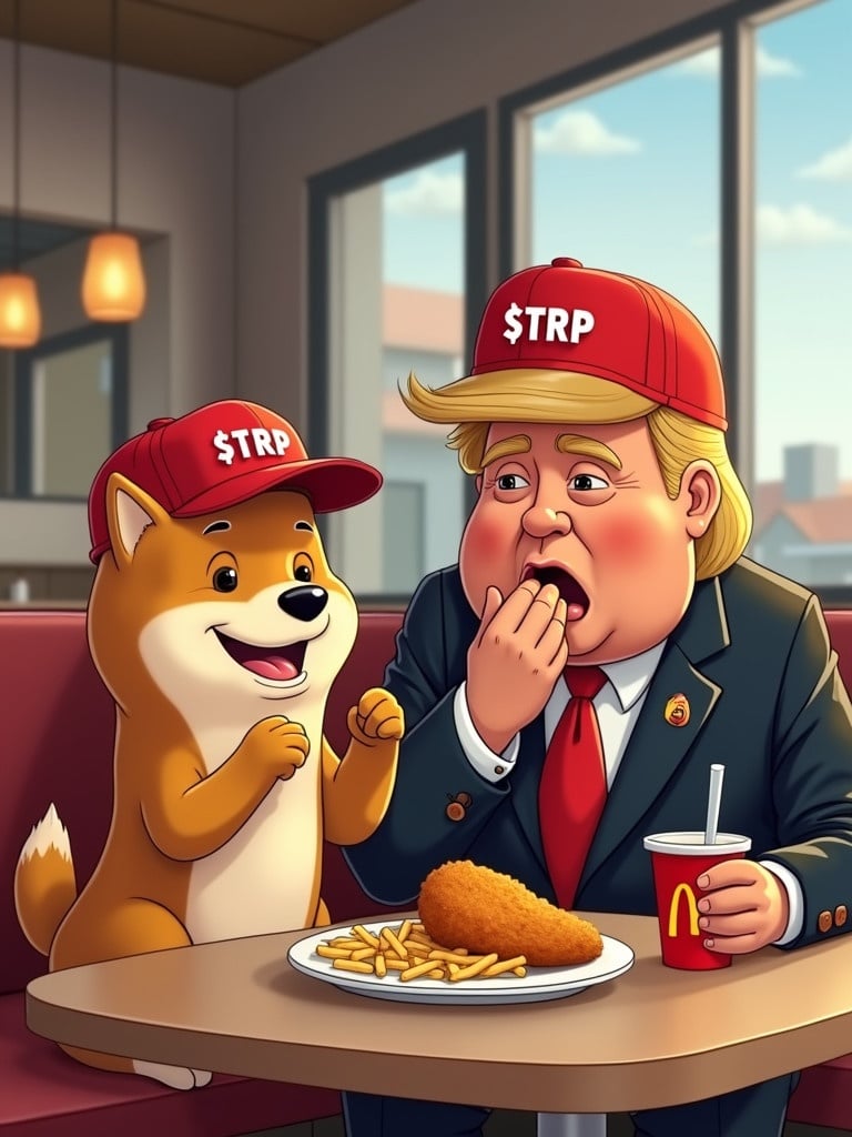 Animated cartoon character of a Shiba dog wearing a red baseball cap $TRP. Sitting in a McDonald's restaurant. Dog enjoying chicken and fries. Next to President Donald Trump also wearing a cap named $TRP.