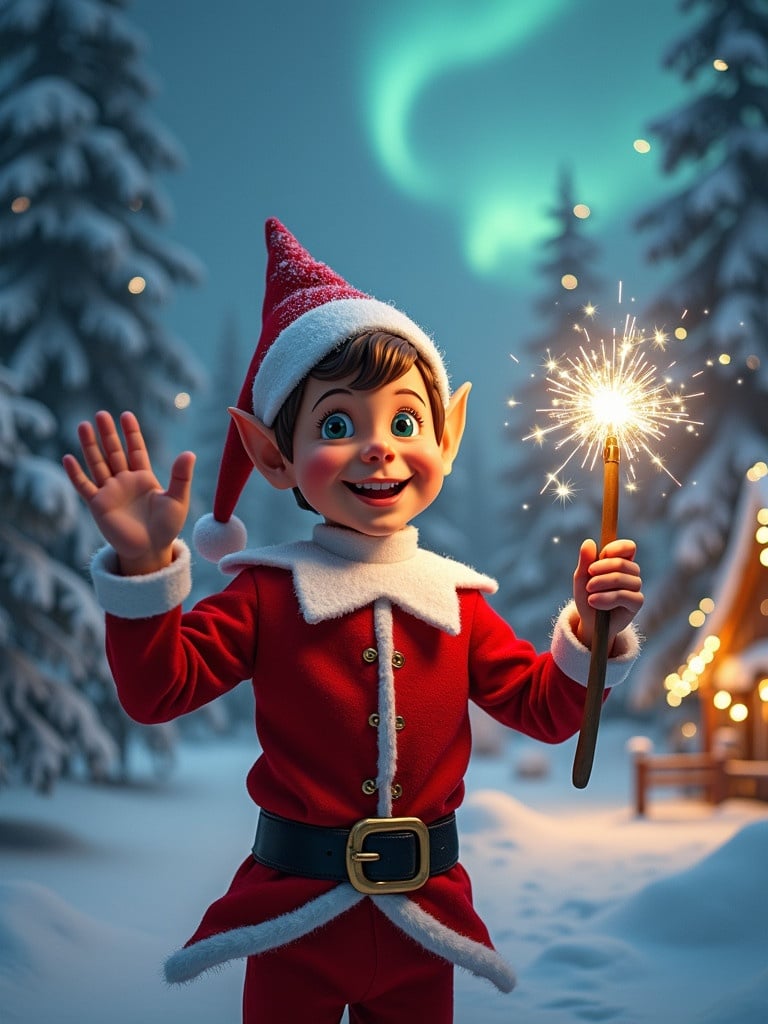 A joyful boy elf waving cheerfully in a red outfit. A magical winter scene with snow-covered trees and northern lights. The elf holds a glowing wand emitting sparkling light. A cozy house in the distance decorated for holidays. Snow covers the ground creating a festive atmosphere. The elf embodies the Christmas spirit.