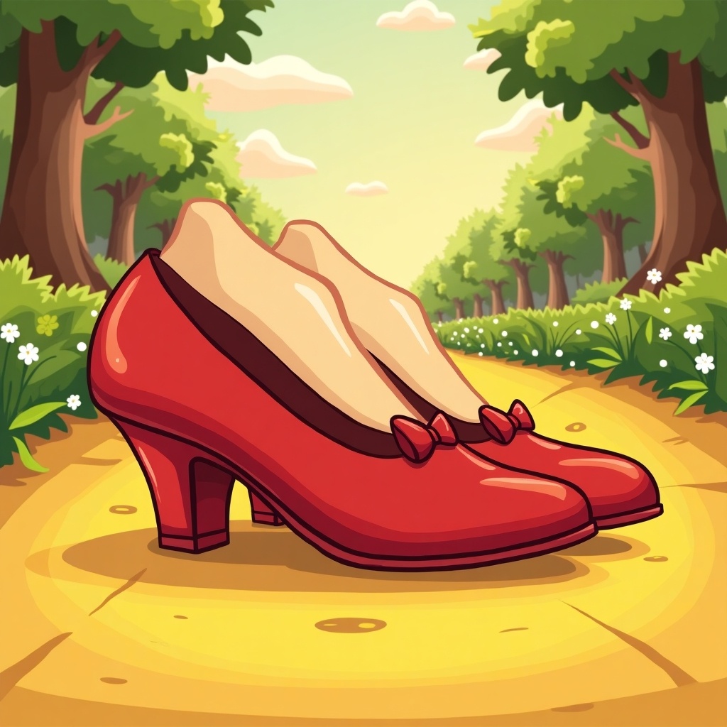 Cartoon depiction of ruby red slippers on a yellow brick road. Slippers are prominently featured. Lush green trees and fluffy clouds are in the background. A bright pathway leads the viewer's eye to the shoes.