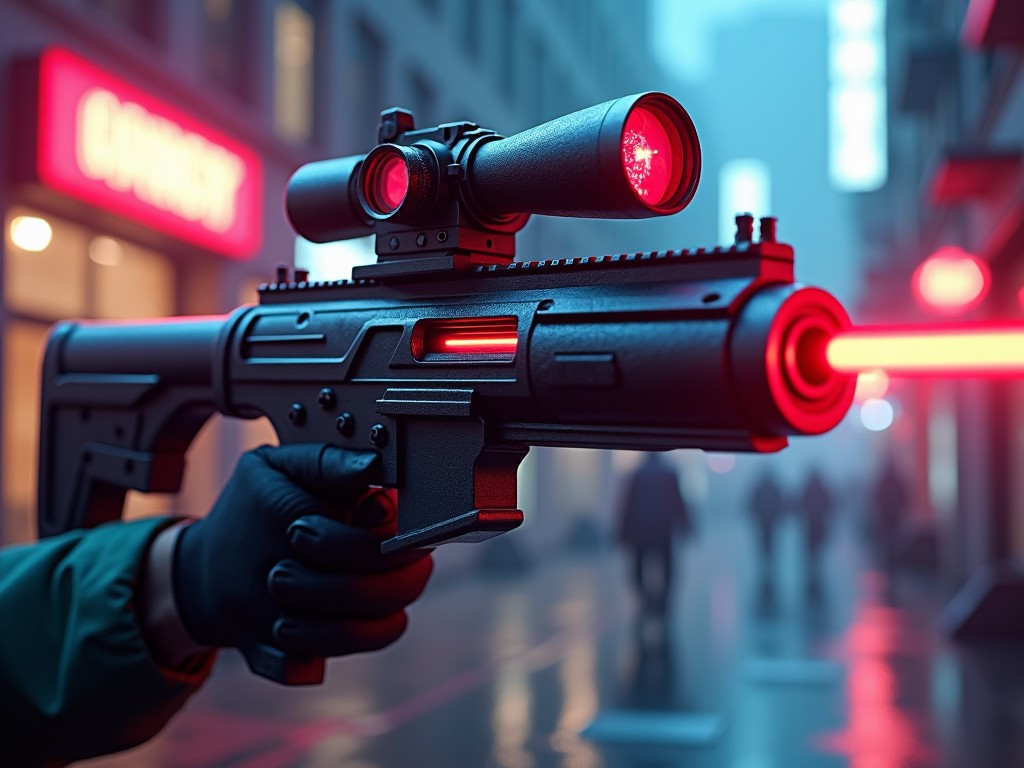 The image features a futuristic firearm with a sleek design and a laser scope mounted on top. The scene is set in a dimly lit urban environment typical of the cyberpunk genre. Neon lights and reflections create an atmospheric backdrop. The firearm is being aimed directly at the viewer, emphasizing its intimidation. The use of color focuses on black and red, creating a dramatic effect. The details are low to maintain a sense of mystery and intrigue in the weapon's design.