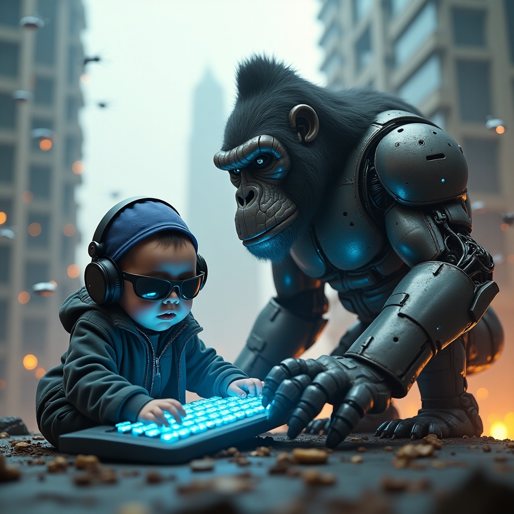 Scene featuring a baby hacker with a headset, focused on a holographic keyboard. A giant gorilla robot stands beside, displaying steel and glowing circuitry. They fend off hostile drones. Background shows a crumbling skyscraper, creating a tension-filled atmosphere in the city.