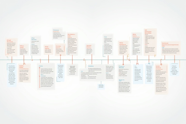 Modern visual representation of a timeline with various notes and events. Clean layout and soft color scheme. Organized information presented clearly and concisely.