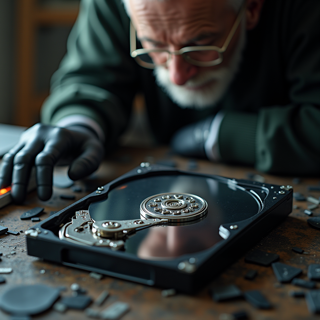 An elderly man with glasses and gloves examines the internal components of a disassembled hard drive.